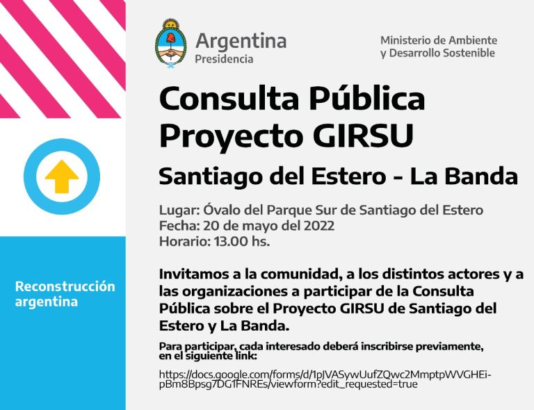 Informan que se realizará una Audiencia Pública en el marco del proyecto: “Diseño, construcción y operación del centro ambiental en Santiago del Estero”